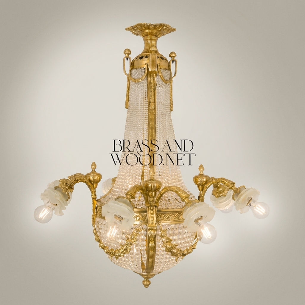 Empire Neoclassical Crystal Basket Chandelier with Brass Arms & Beaded Drapes — Antique Gold