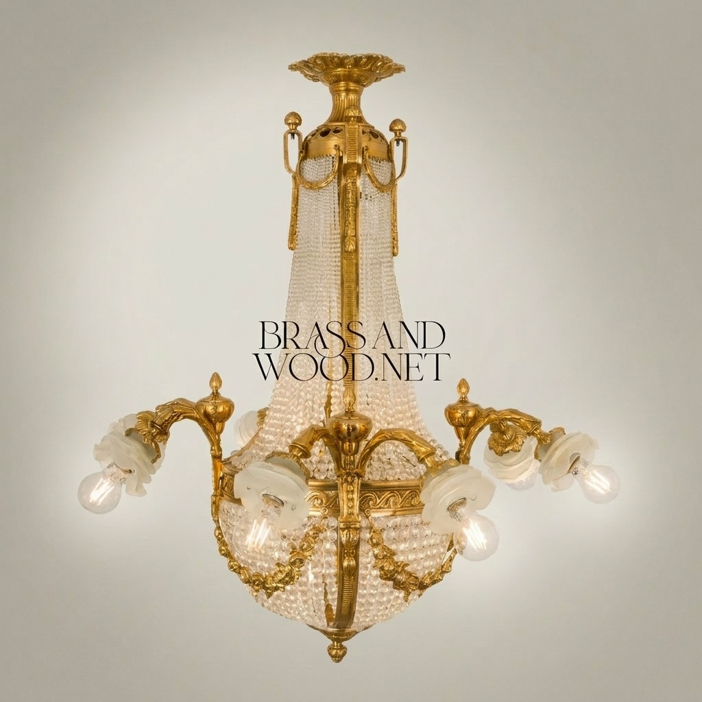 Empire Neoclassical Crystal Basket Chandelier with Brass Arms & Beaded Drapes