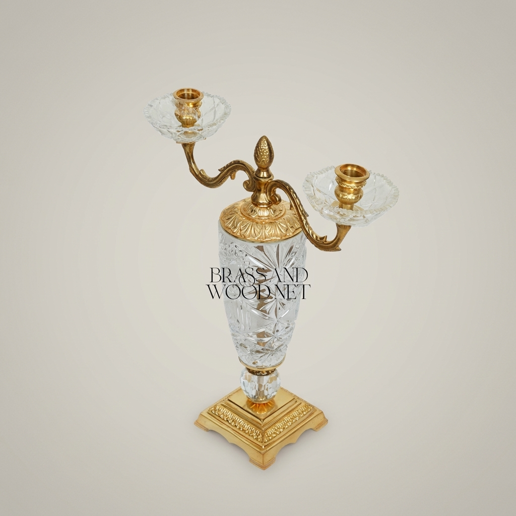 Empire Neoclassical Cut-Crystal & Brass Two-Arm Candelabra with Pineapple Finial — Antique Gold