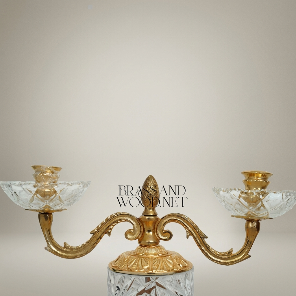 Empire Neoclassical Cut-Crystal & Brass Two-Arm Candelabra with Pineapple Finial — Antique Gold