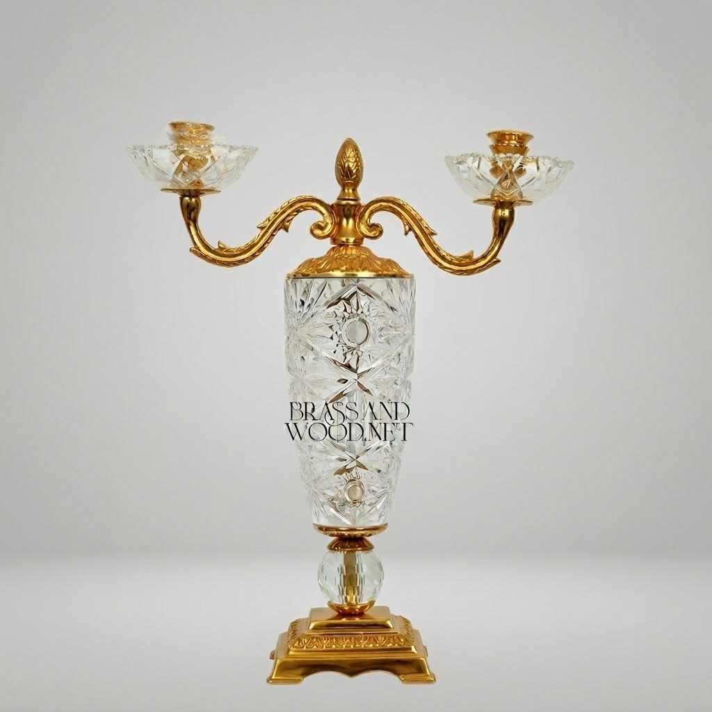Empire Neoclassical Cut-Crystal & Brass Two-Arm Candelabra with Pineapple Finial — Gold