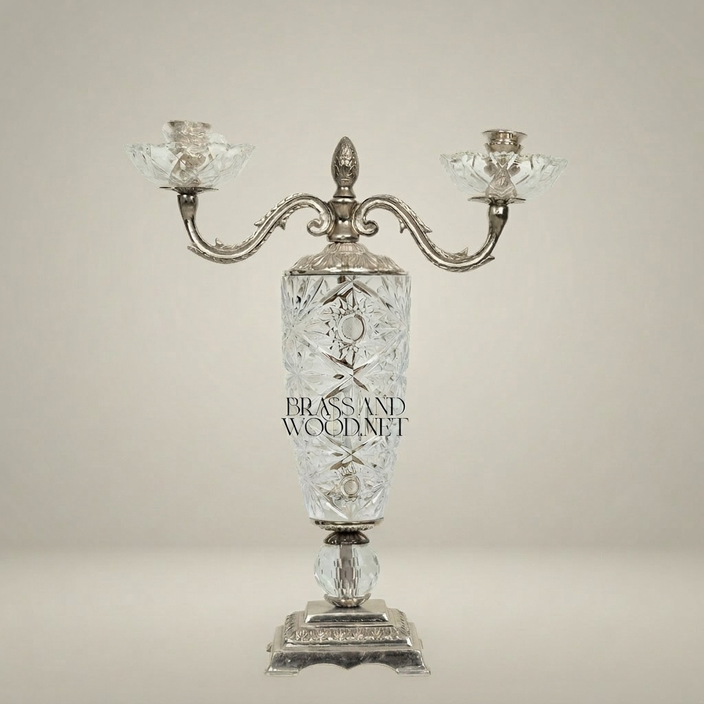 Empire Neoclassical Cut-Crystal & Brass Two-Arm Candelabra with Pineapple Finial — Silver