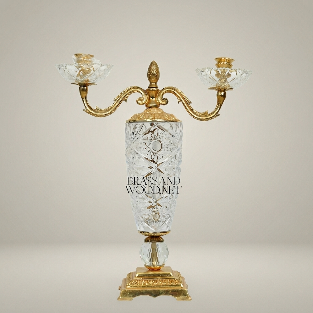 Empire Neoclassical Cut-Crystal & Brass Two-Arm Candelabra with Pineapple Finial — Antique Gold