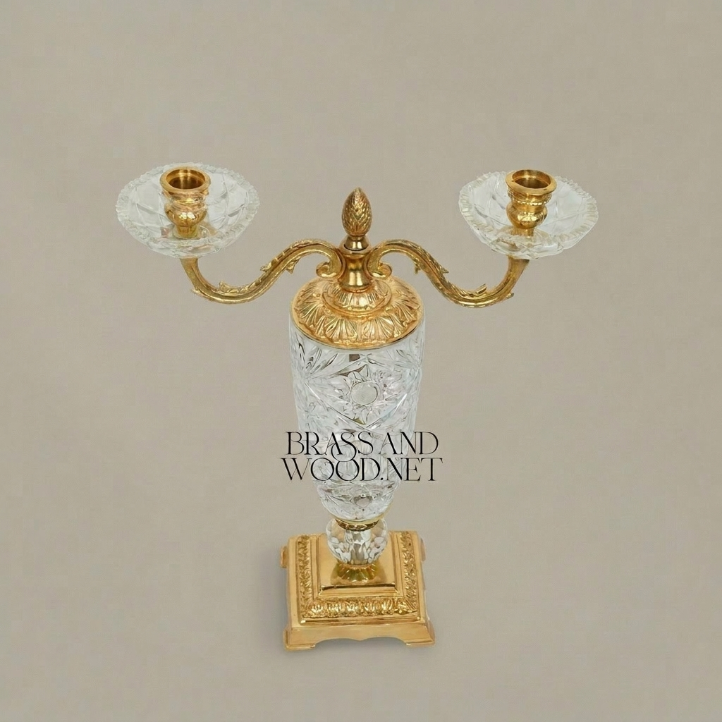 Empire Neoclassical Cut-Crystal & Brass Two-Arm Candelabra with Pineapple Finial — Gold