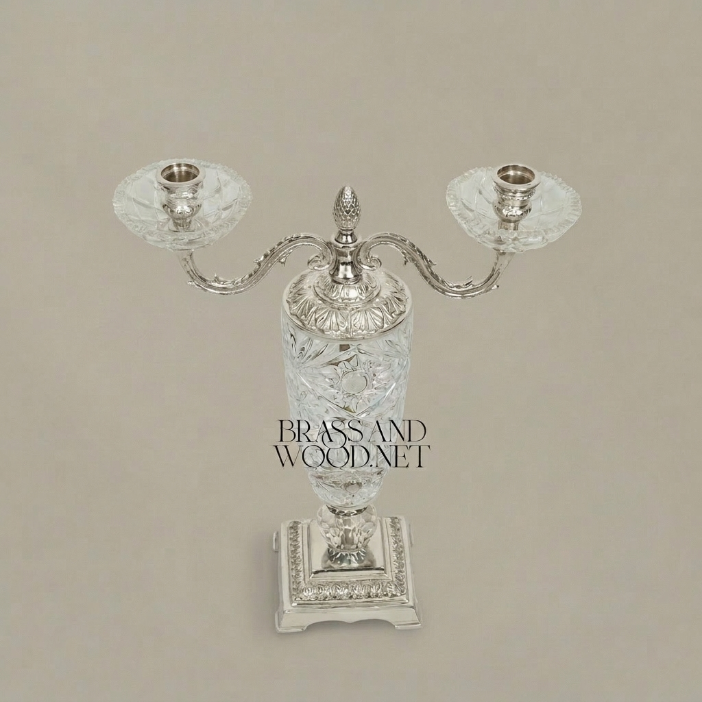 Empire Neoclassical Cut-Crystal & Brass Two-Arm Candelabra with Pineapple Finial — Silver