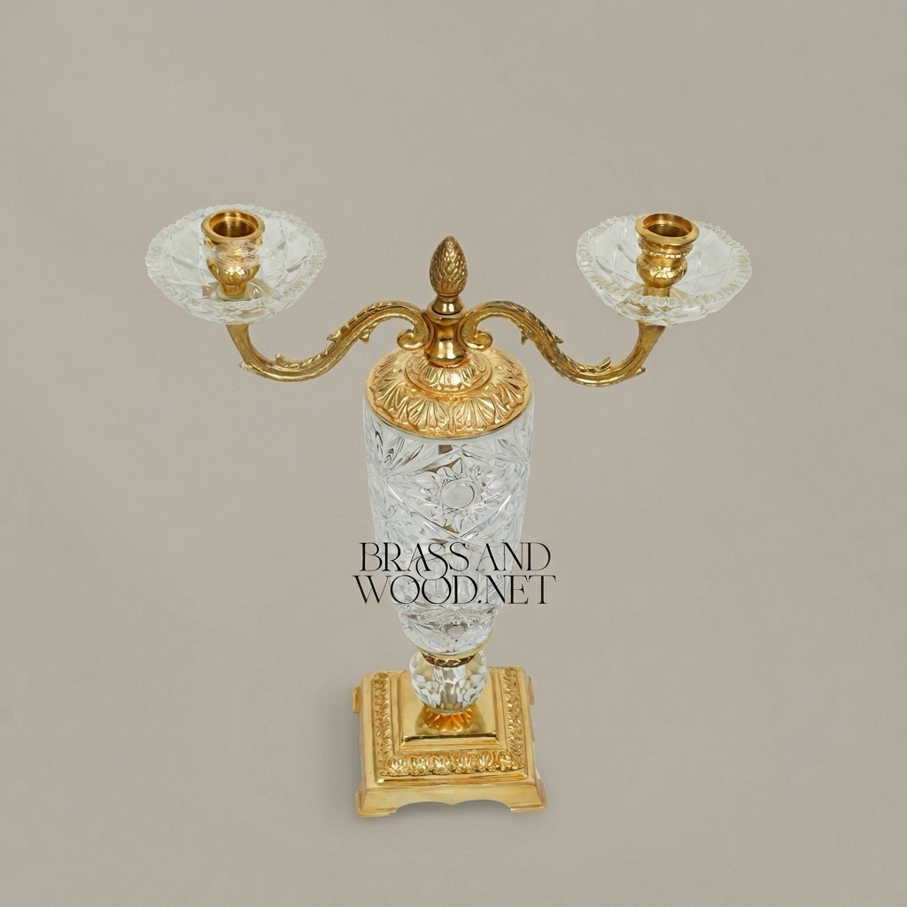 Empire Neoclassical Cut-Crystal & Brass Two-Arm Candelabra with Pineapple Finial — Antique Gold