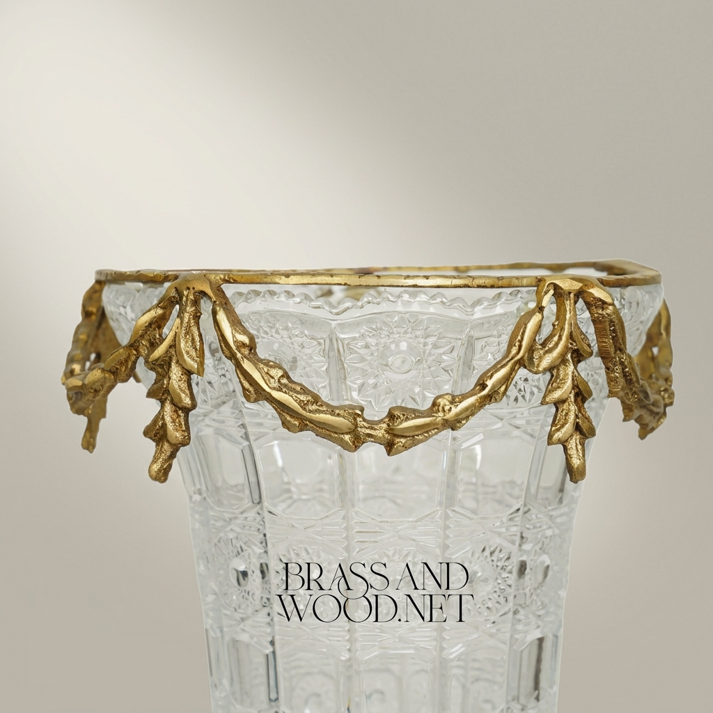 Empire Neoclassical Cut-Crystal Vase with Ornate Brass Pedestal Base & Swag Rim — Antique Gold
