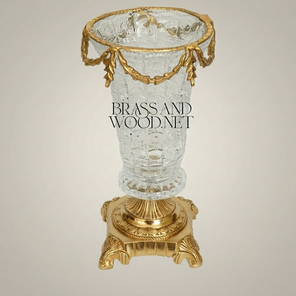 Empire Neoclassical Cut-Crystal Vase with Ornate Brass Pedestal Base & Swag Rim