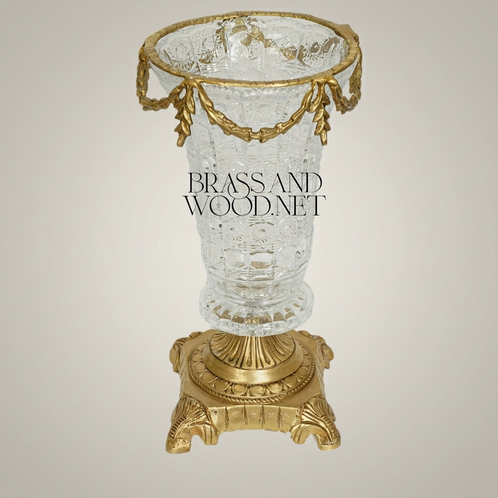 Empire Neoclassical Cut-Crystal Vase with Ornate Brass Pedestal Base & Swag Rim — Antique Gold