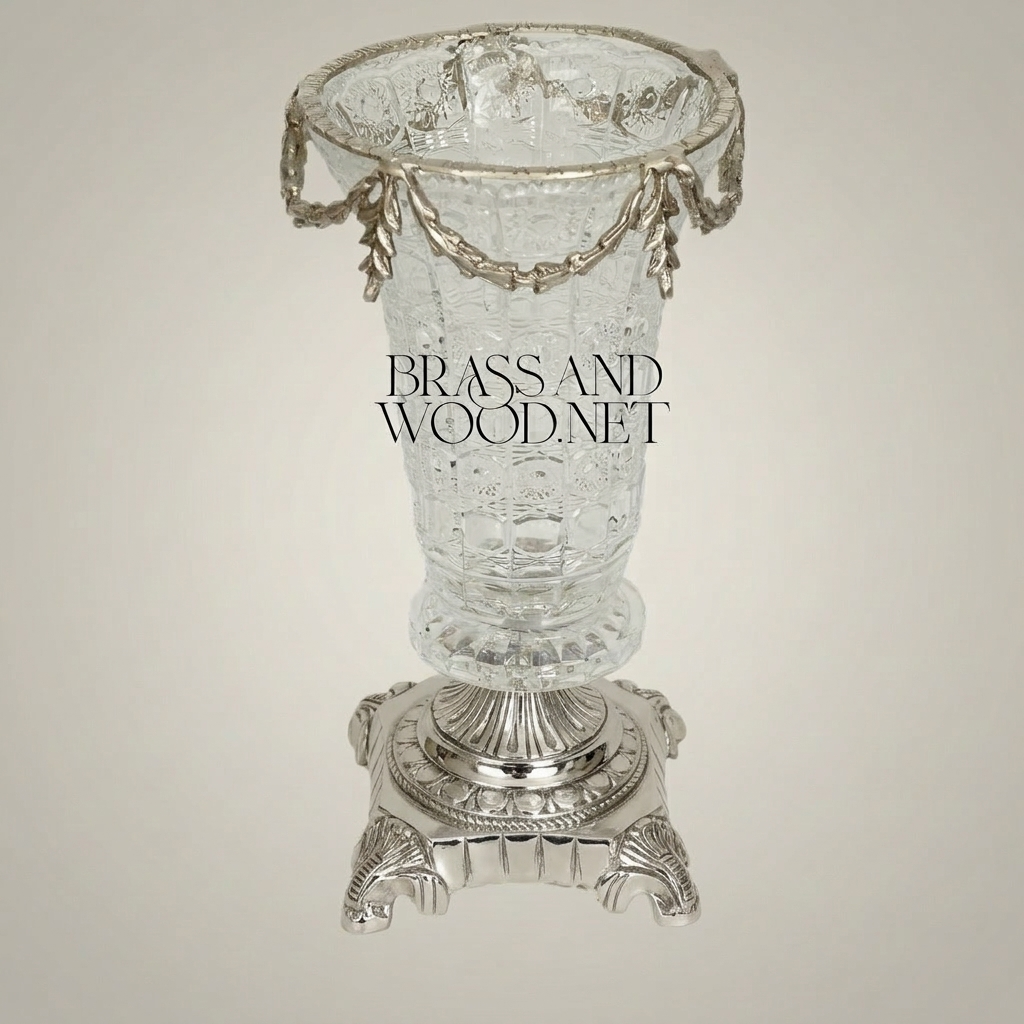 Empire Neoclassical Cut-Crystal Vase with Ornate Brass Pedestal Base & Swag Rim — Silver