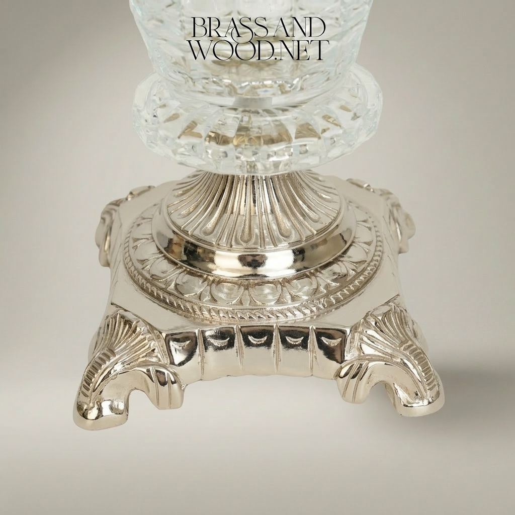 Empire Neoclassical Cut-Crystal Vase with Ornate Brass Pedestal Base & Swag Rim — Silver
