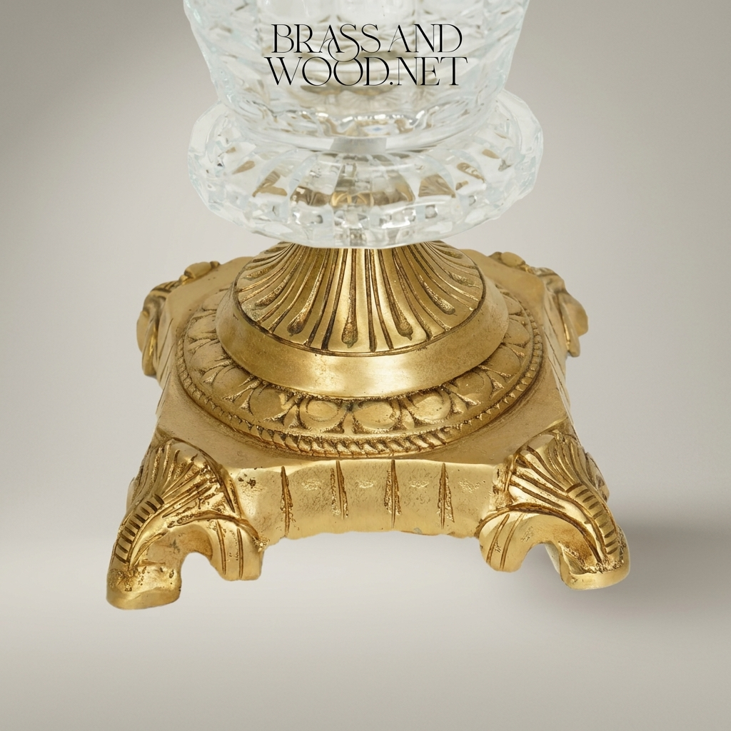 Empire Neoclassical Cut-Crystal Vase with Ornate Brass Pedestal Base & Swag Rim — Antique Gold