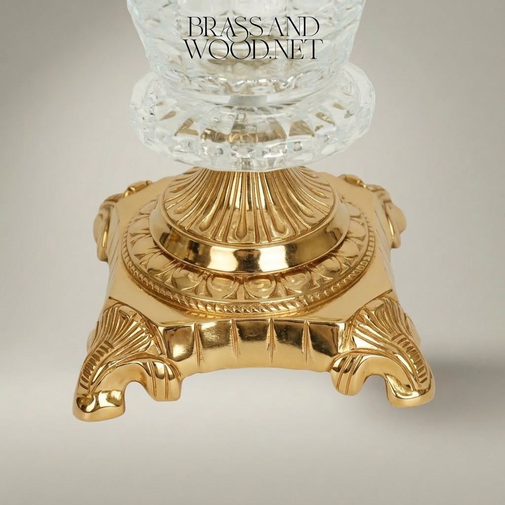 Empire Neoclassical Cut-Crystal Vase with Ornate Brass Pedestal Base & Swag Rim