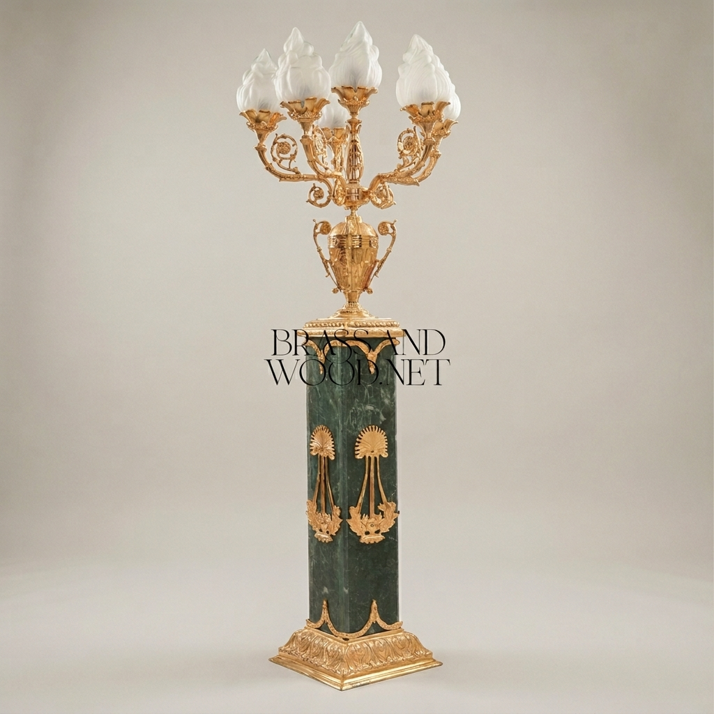 Empire Neoclassical Five-Arm Candelabra Floor Lamp on Green Marble Pedestal Column with Flame Glass Shades