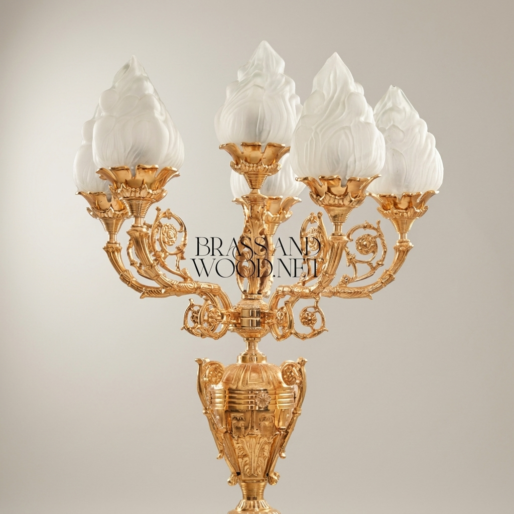 Empire Neoclassical Five-Arm Candelabra Floor Lamp on Green Marble Pedestal Column with Flame Glass Shades