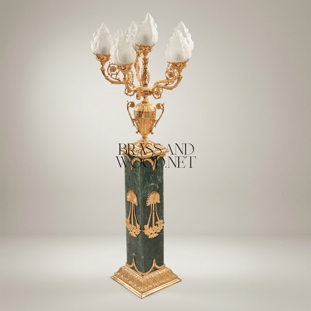 Empire Neoclassical Five-Arm Candelabra Floor Lamp on Green Marble Pedestal Column with Flame Glass Shades