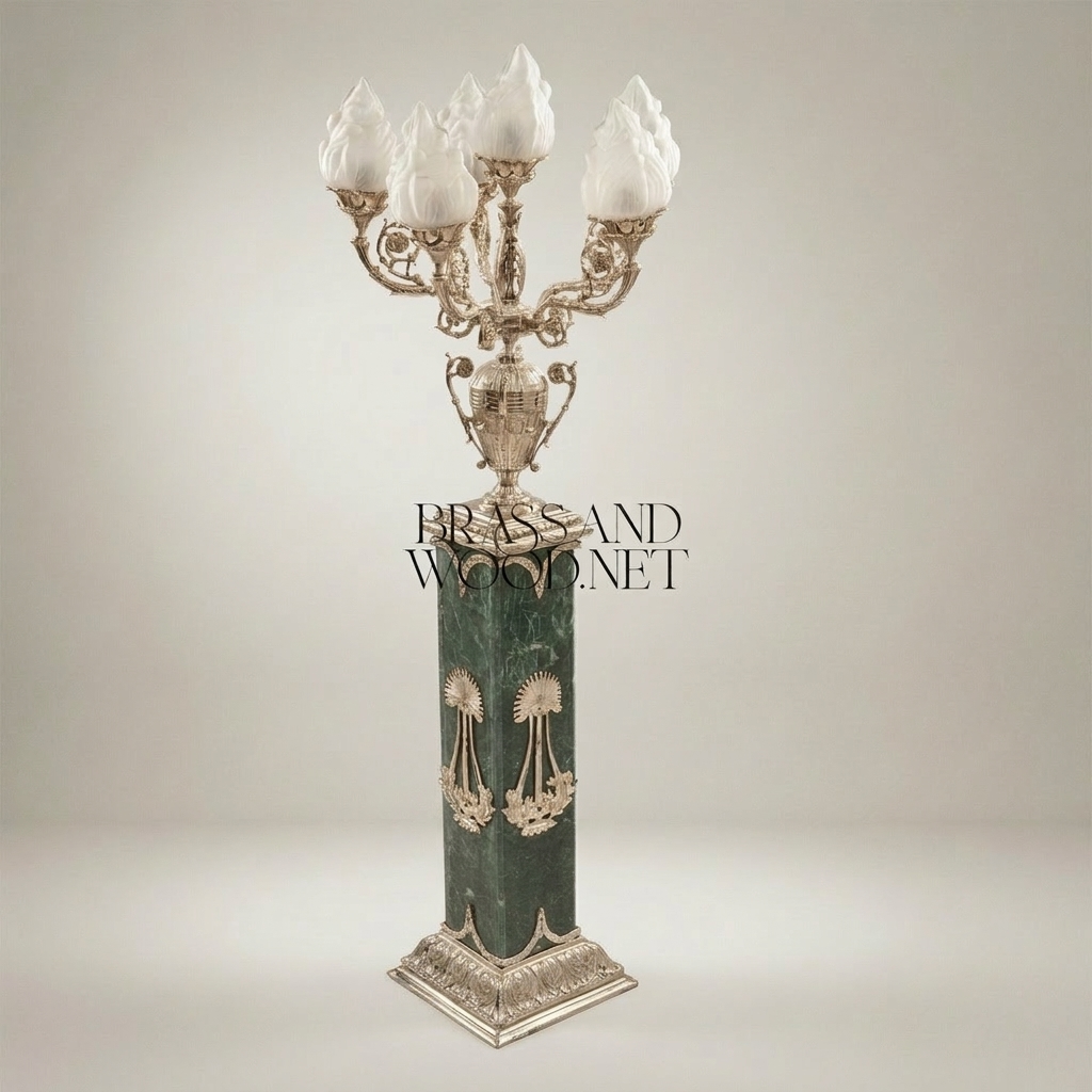 Empire Neoclassical Five-Arm Candelabra Floor Lamp on Green Marble Pedestal Column with Flame Glass Shades — Silver