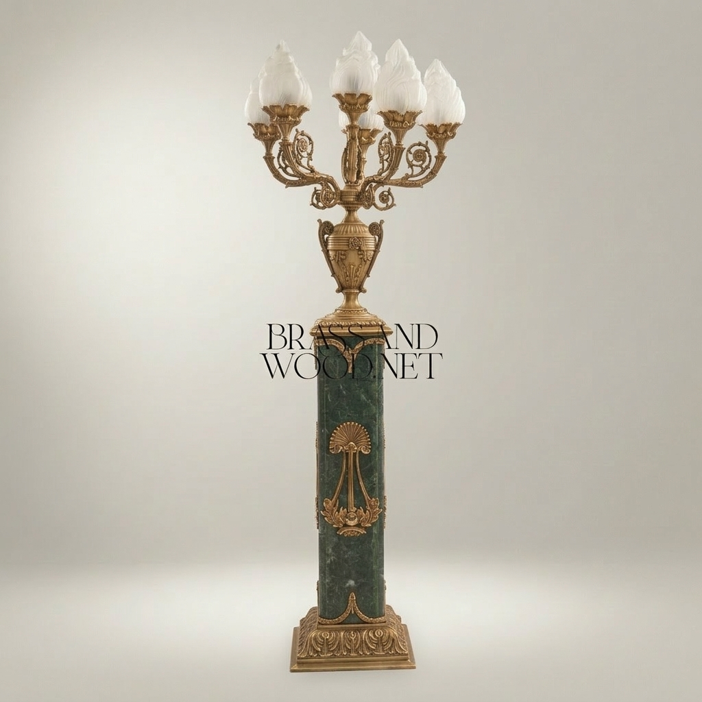 Empire Neoclassical Five-Arm Candelabra Floor Lamp on Green Marble Pedestal Column with Flame Glass Shades — Antique Gold