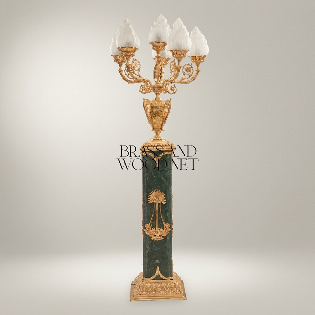 Empire Neoclassical Five-Arm Candelabra Floor Lamp on Green Marble Pedestal Column with Flame Glass Shades — Gold
