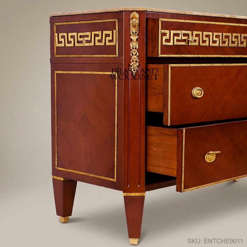 Empire Neoclassical Chest of Drawers with Marble Top & Greek Key Brass Inlay