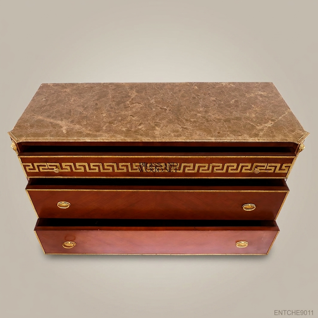 Empire Neoclassical Chest of Drawers with Marble Top & Greek Key Brass Inlay