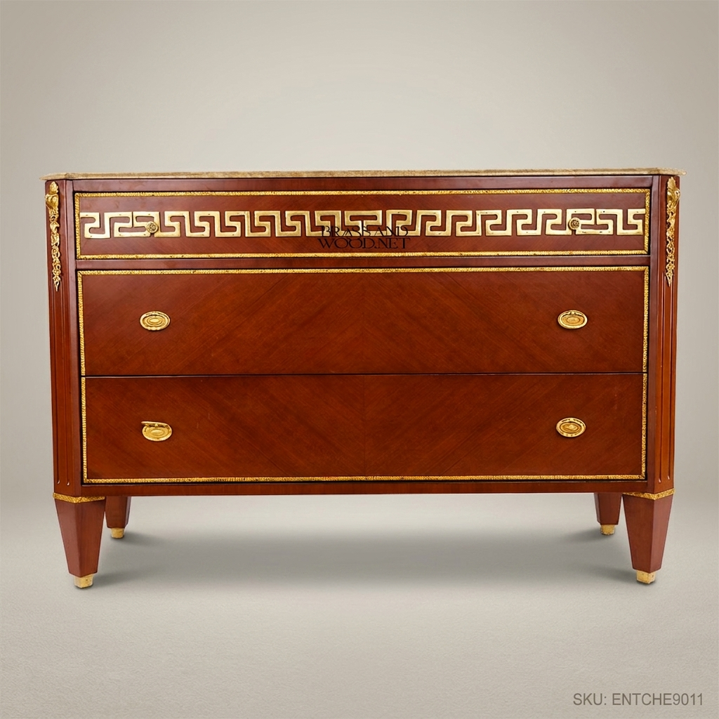 Empire Neoclassical Chest of Drawers with Marble Top & Greek Key Brass Inlay