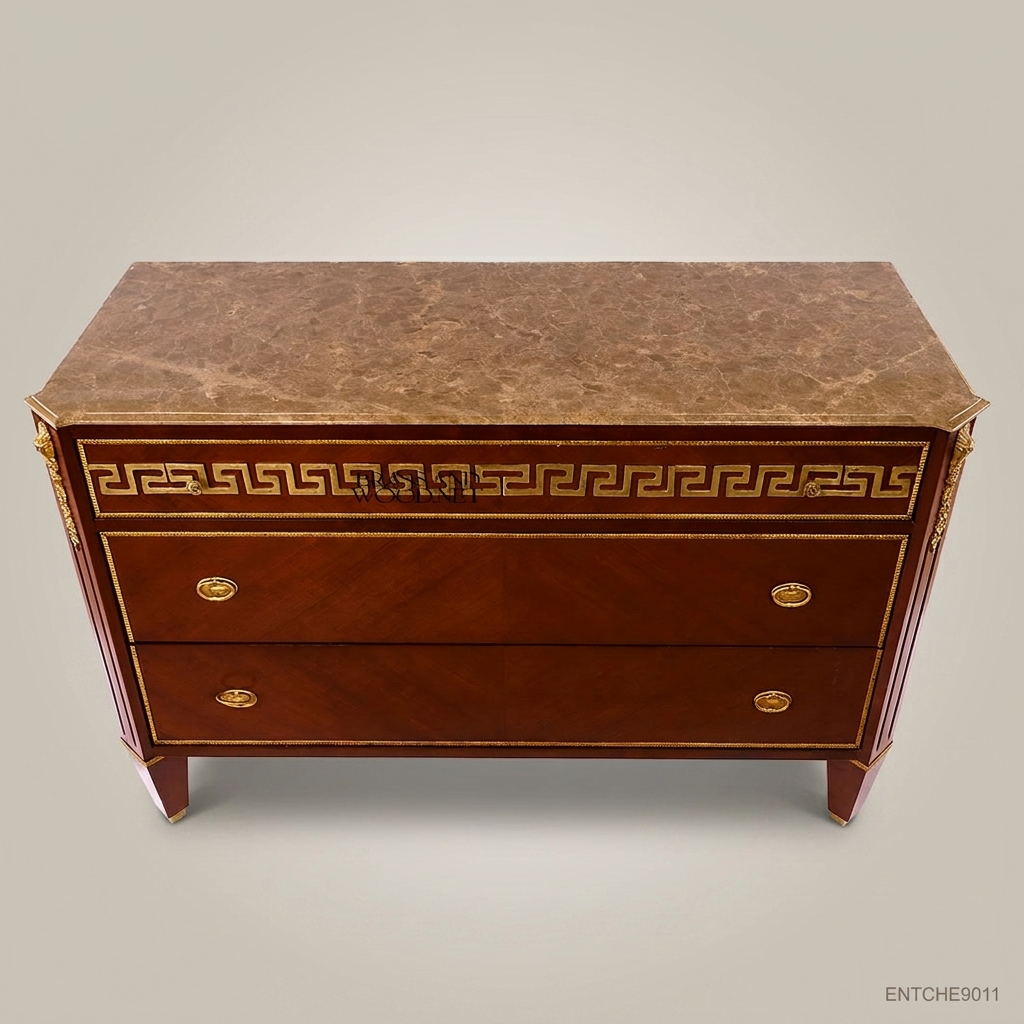 Empire Neoclassical Chest of Drawers with Marble Top & Greek Key Brass Inlay