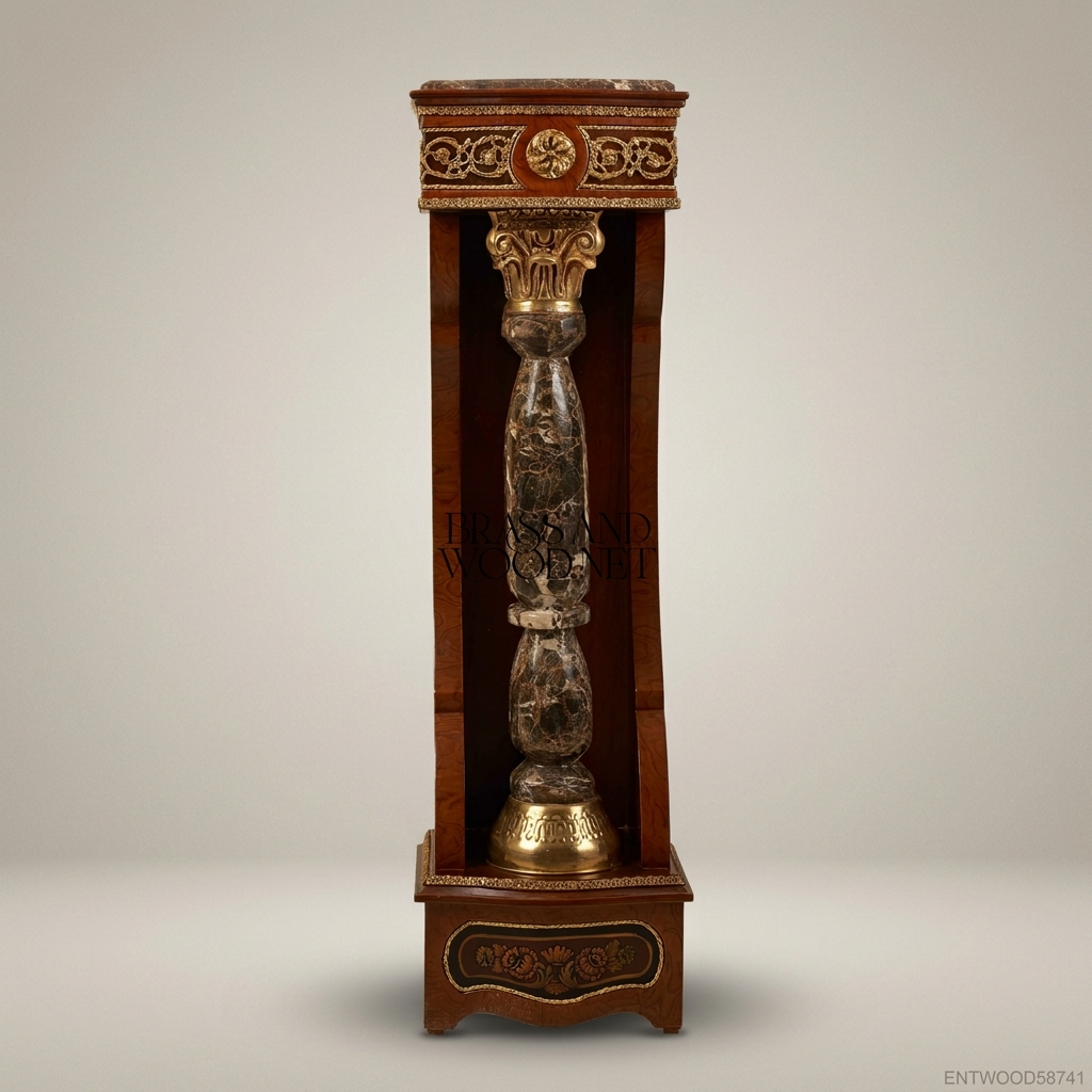 Empire Neoclassical Decorative Pedestal with Marble Column & Gold Brass Mounts