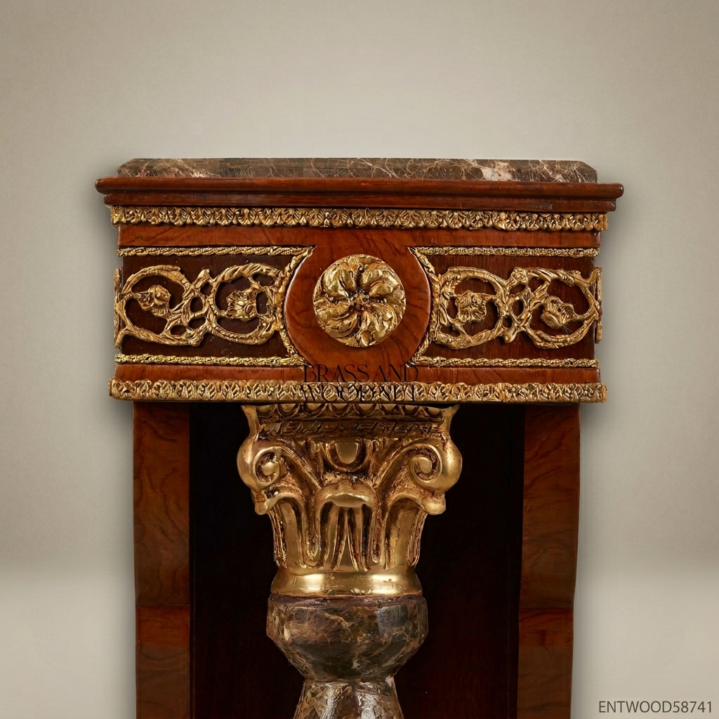 Empire Neoclassical Decorative Pedestal with Marble Column & Gold Brass Mounts