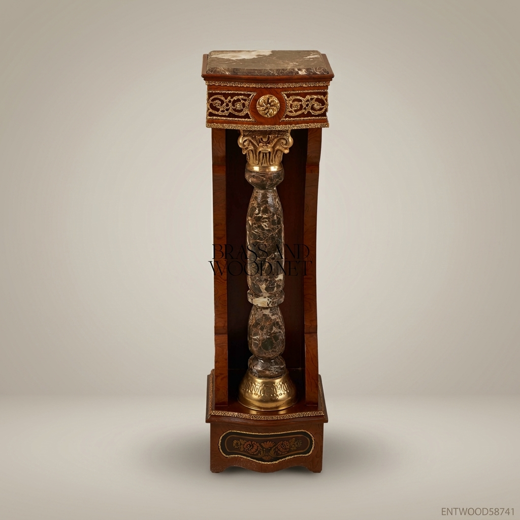 Empire Neoclassical Decorative Pedestal with Marble Column & Gold Brass Mounts