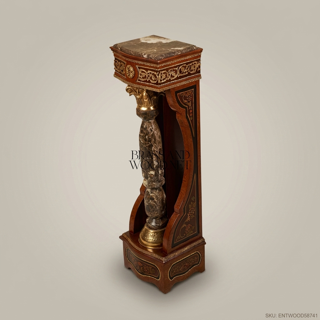 Empire Neoclassical Decorative Pedestal with Marble Column & Gold Brass Mounts