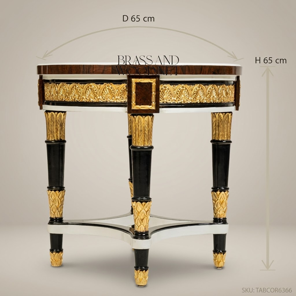 Empire Neoclassical Round Corner Table with Gold Leaf Carvings & Marquetry Top