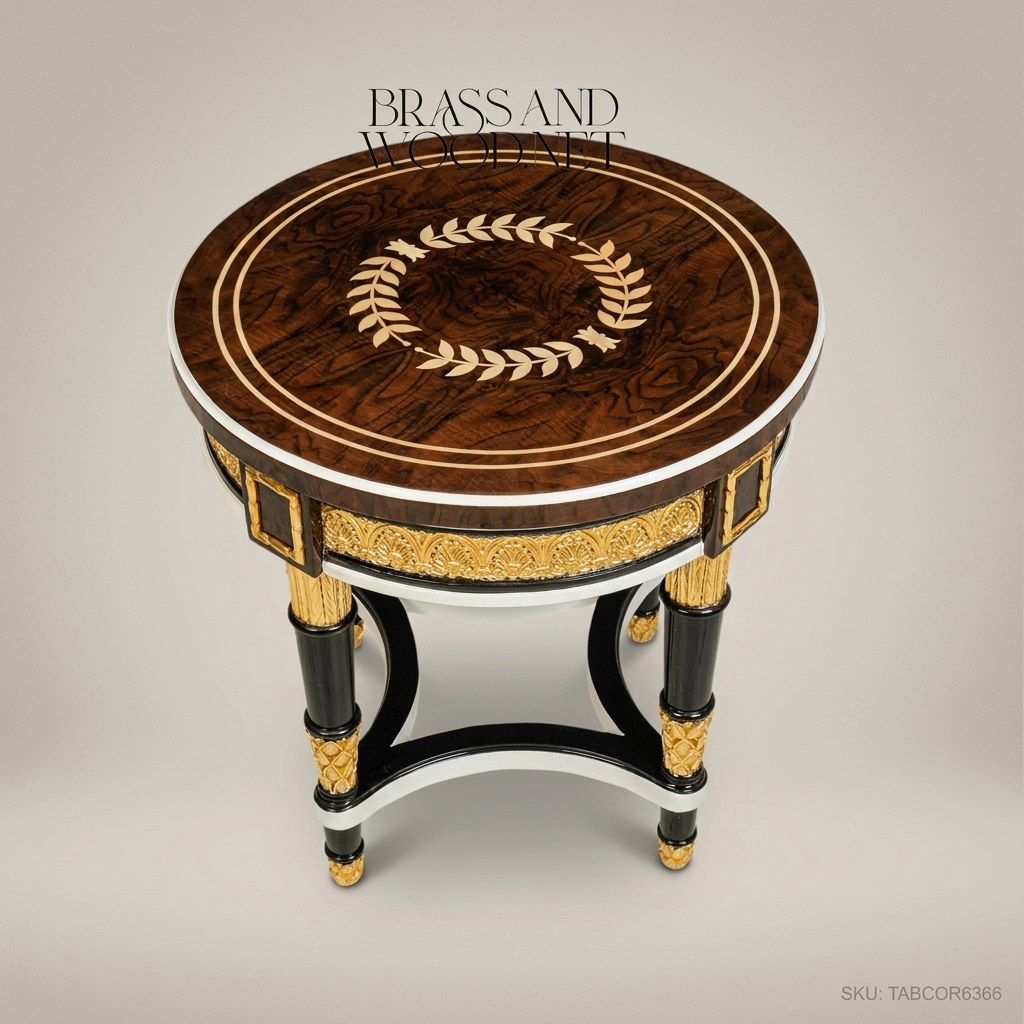 Empire Neoclassical Round Corner Table with Gold Leaf Carvings & Marquetry Top