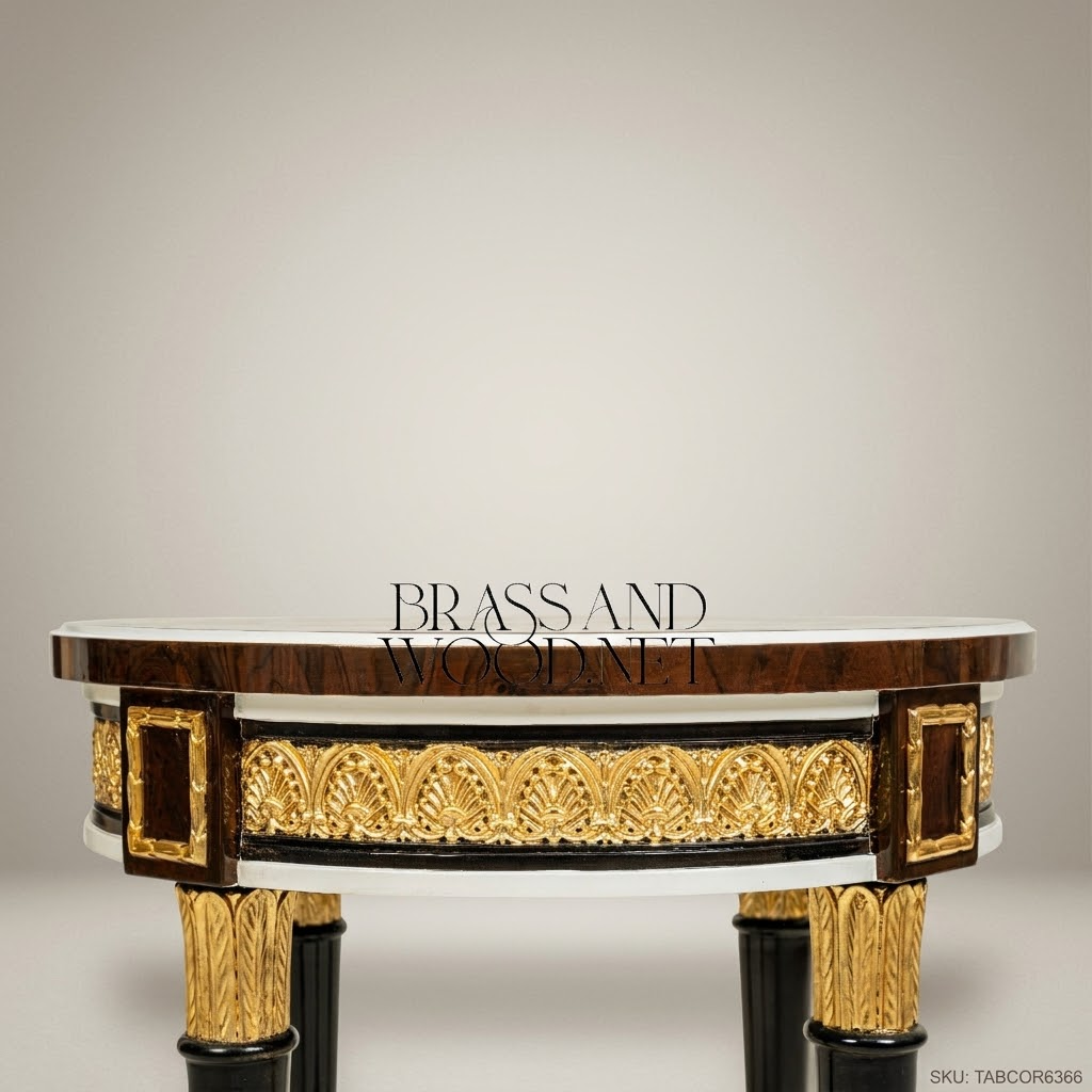 Empire Neoclassical Round Corner Table with Gold Leaf Carvings & Marquetry Top