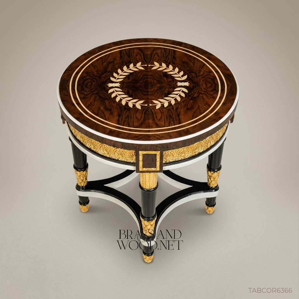 Empire Neoclassical Round Corner Table with Gold Leaf Carvings & Marquetry Top
