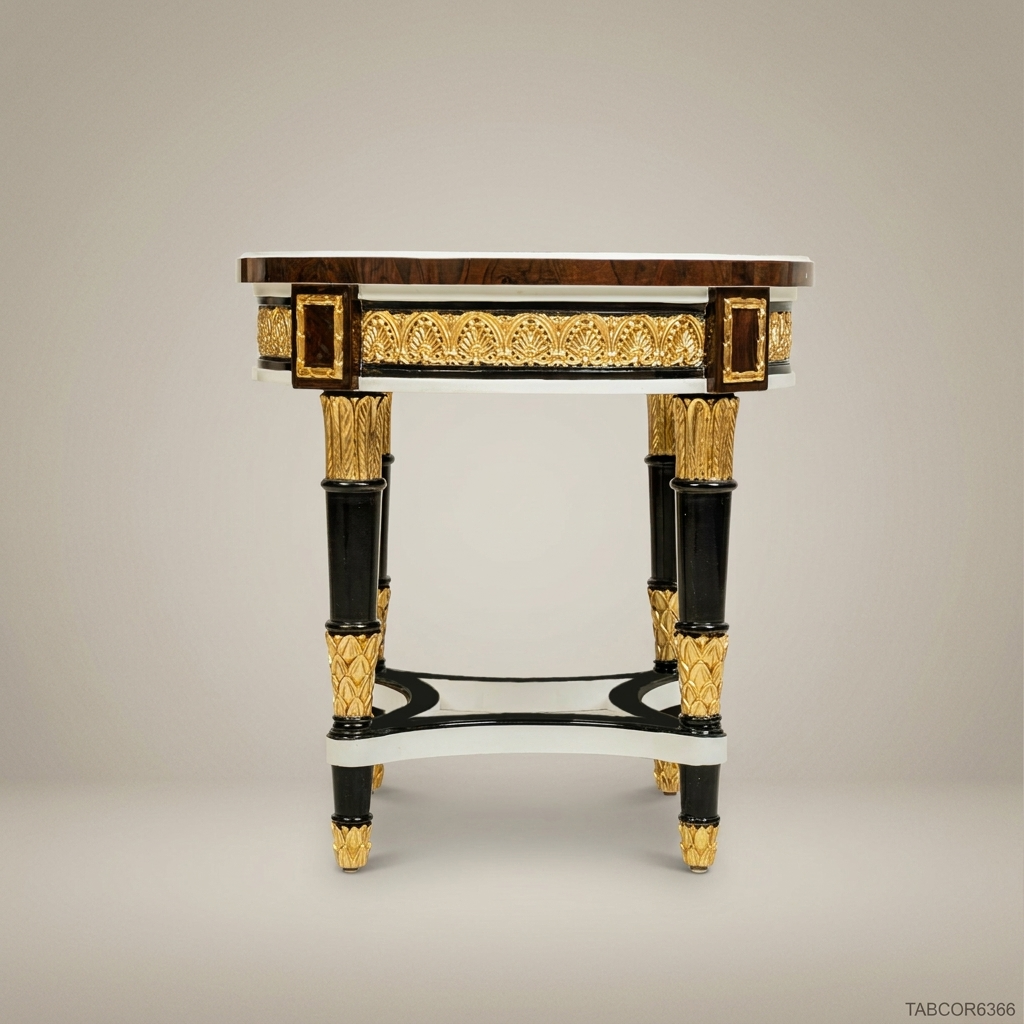 Empire Neoclassical Round Corner Table with Gold Leaf Carvings & Marquetry Top