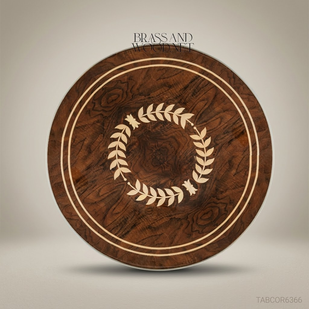 Empire Neoclassical Round Corner Table with Gold Leaf Carvings & Marquetry Top