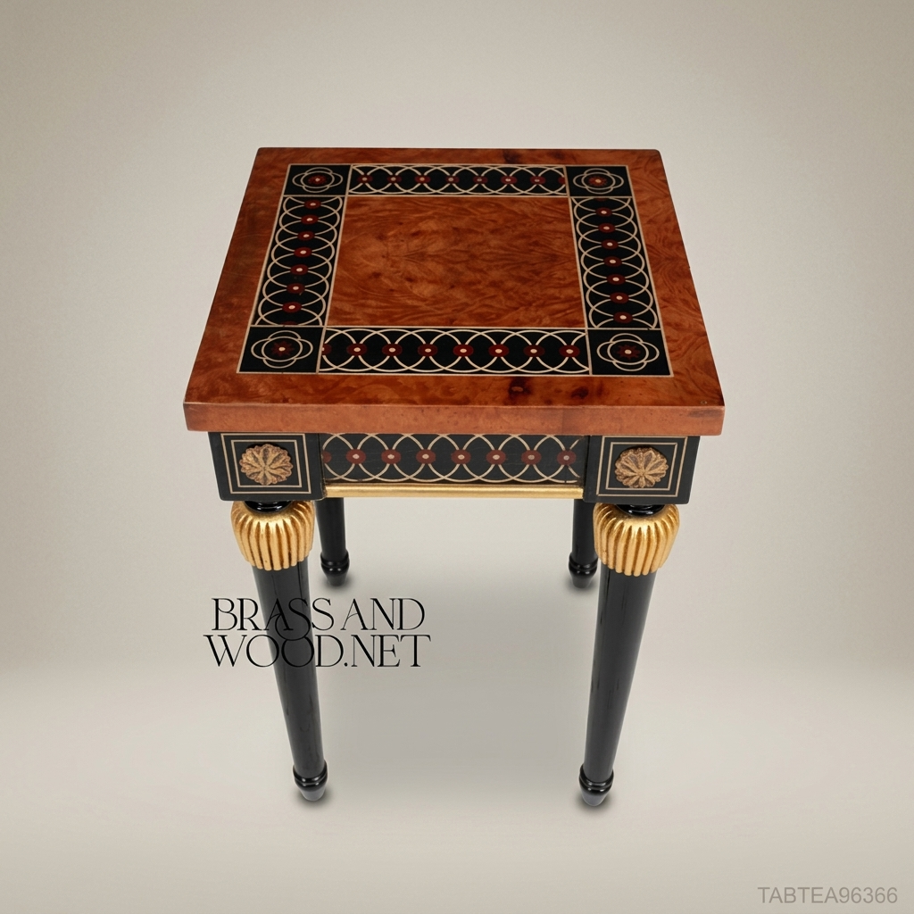 Empire Neoclassical Side Table | Burr Walnut Top & Ebonized Legs with Gold Leaf