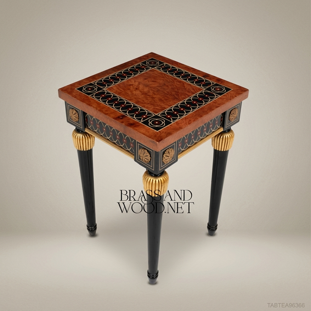 Empire Neoclassical Side Table | Burr Walnut Top & Ebonized Legs with Gold Leaf