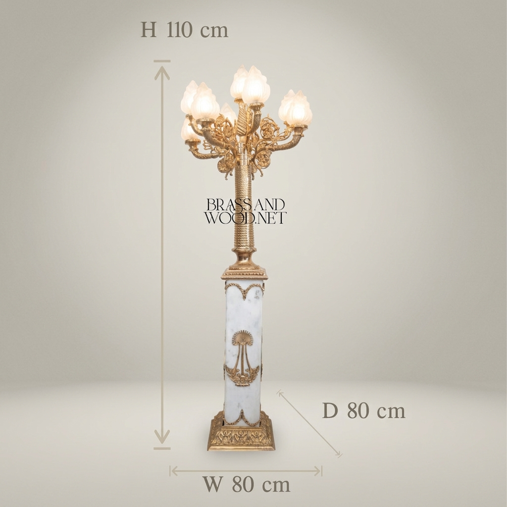 Empire Neoclassical Six-Arm Floor Lamp with Alabaster Column & Frosted Flame Shades — Antique Gold