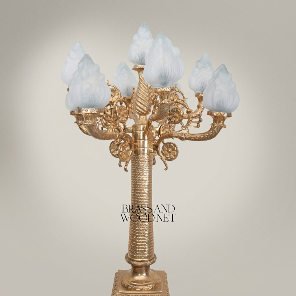 Empire Neoclassical Six-Arm Floor Lamp with Alabaster Column & Frosted Flame Shades — Antique Gold