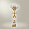 Empire Neoclassical Six-Arm Floor Lamp with Alabaster Column & Frosted Flame Shades — Gold