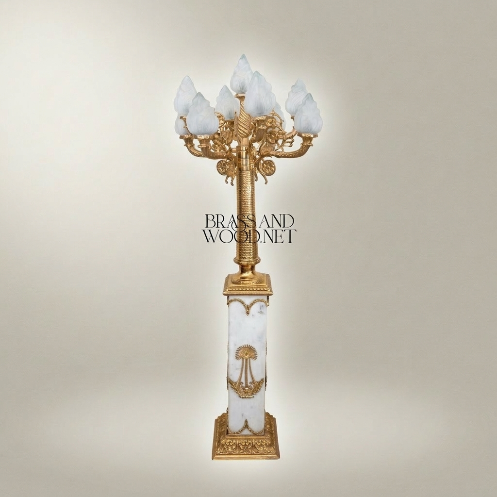 Empire Neoclassical Six-Arm Floor Lamp with Alabaster Column & Frosted Flame Shades — Gold