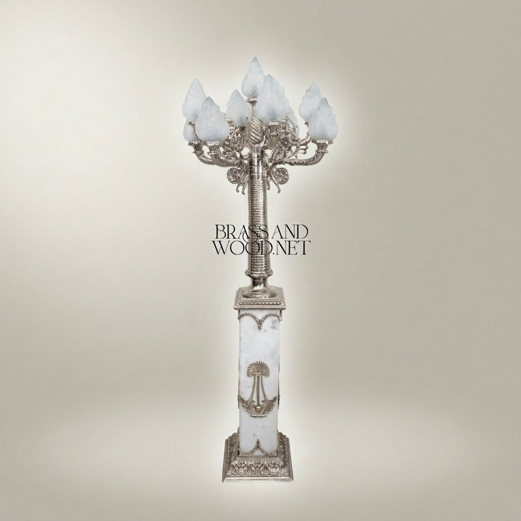 Empire Neoclassical Six-Arm Floor Lamp with Alabaster Column & Frosted Flame Shades — Silver