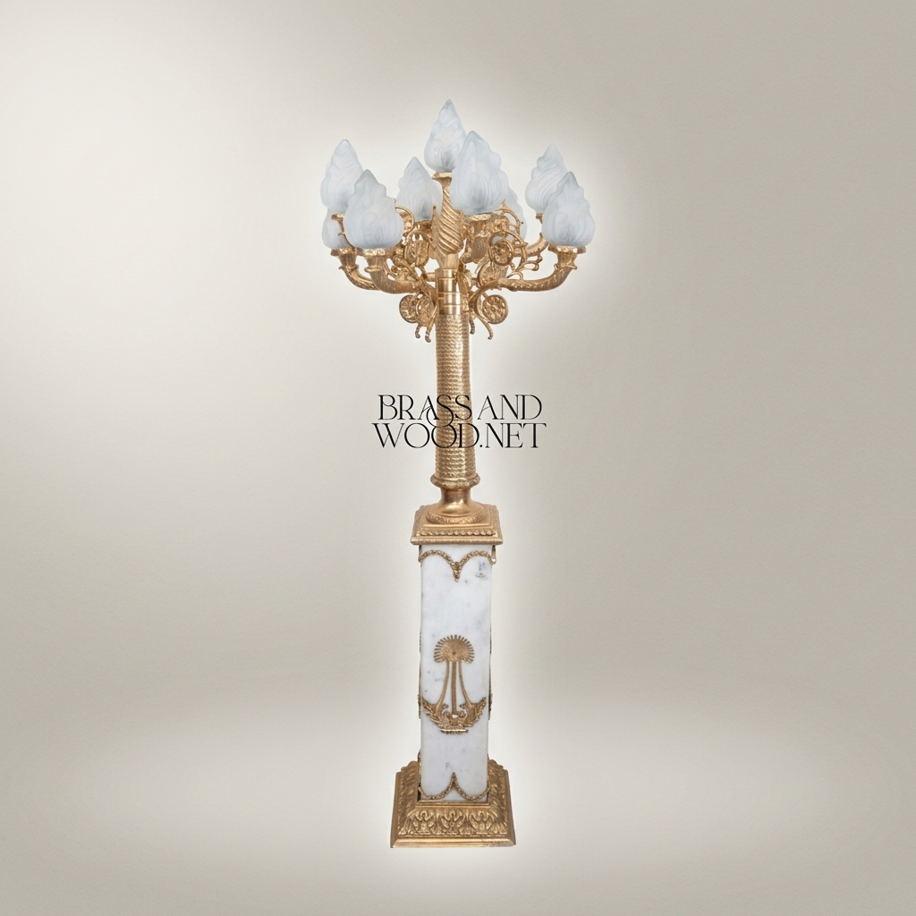 Empire Neoclassical Six-Arm Floor Lamp with Alabaster Column & Frosted Flame Shades — Antique Gold