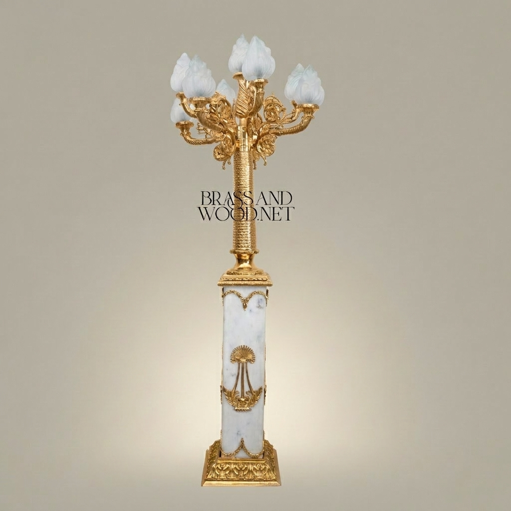Empire Neoclassical Six-Arm Floor Lamp with Alabaster Column & Frosted Flame Shades — Gold
