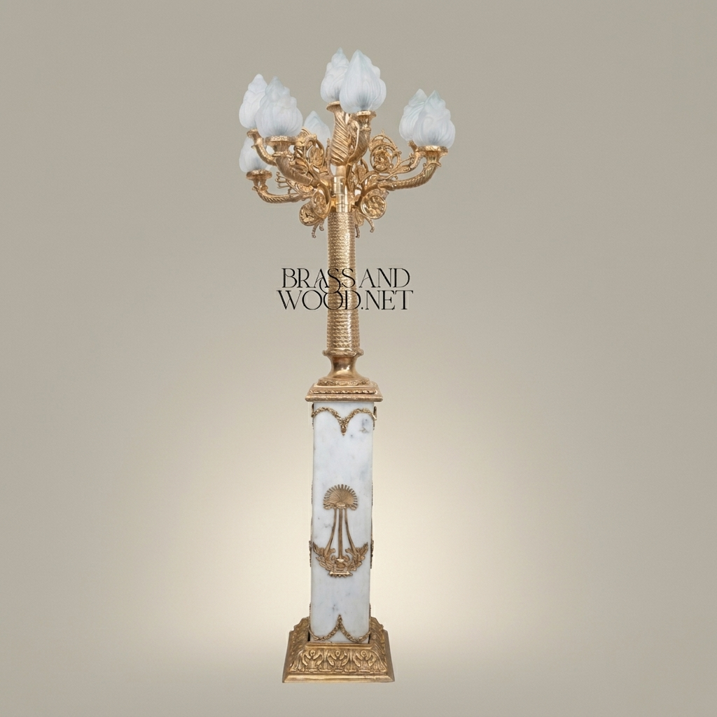 Empire Neoclassical Six-Arm Floor Lamp with Alabaster Column & Frosted Flame Shades — Antique Gold