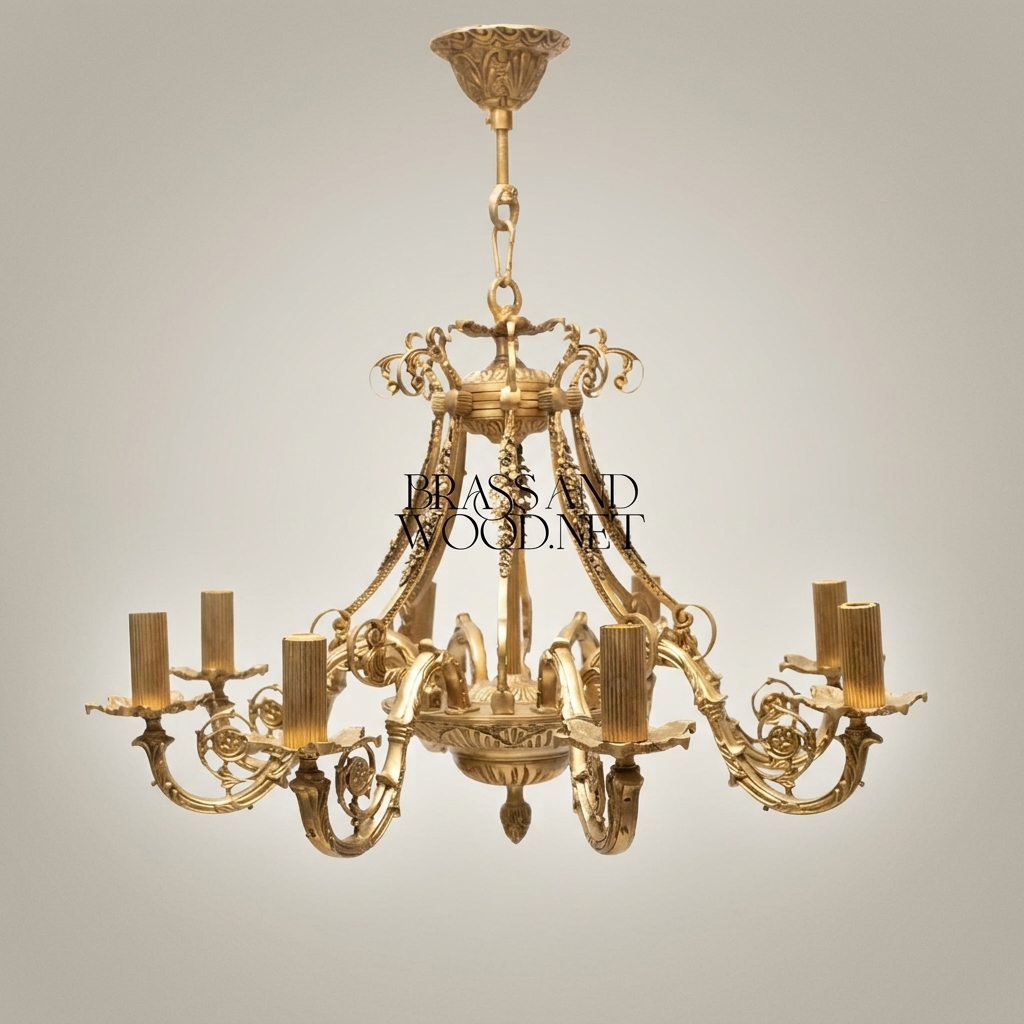 Empire Neoclassical Solid Brass 8-Arm Chandelier with Scroll Arms & Acanthus Crown — Antique Gold