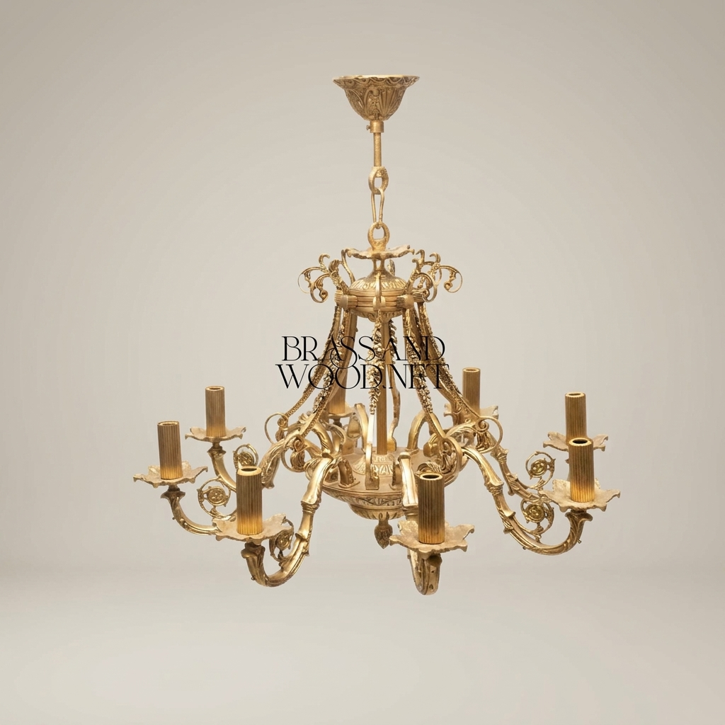 Empire Neoclassical Solid Brass 8-Arm Chandelier with Scroll Arms & Acanthus Crown — Antique Gold