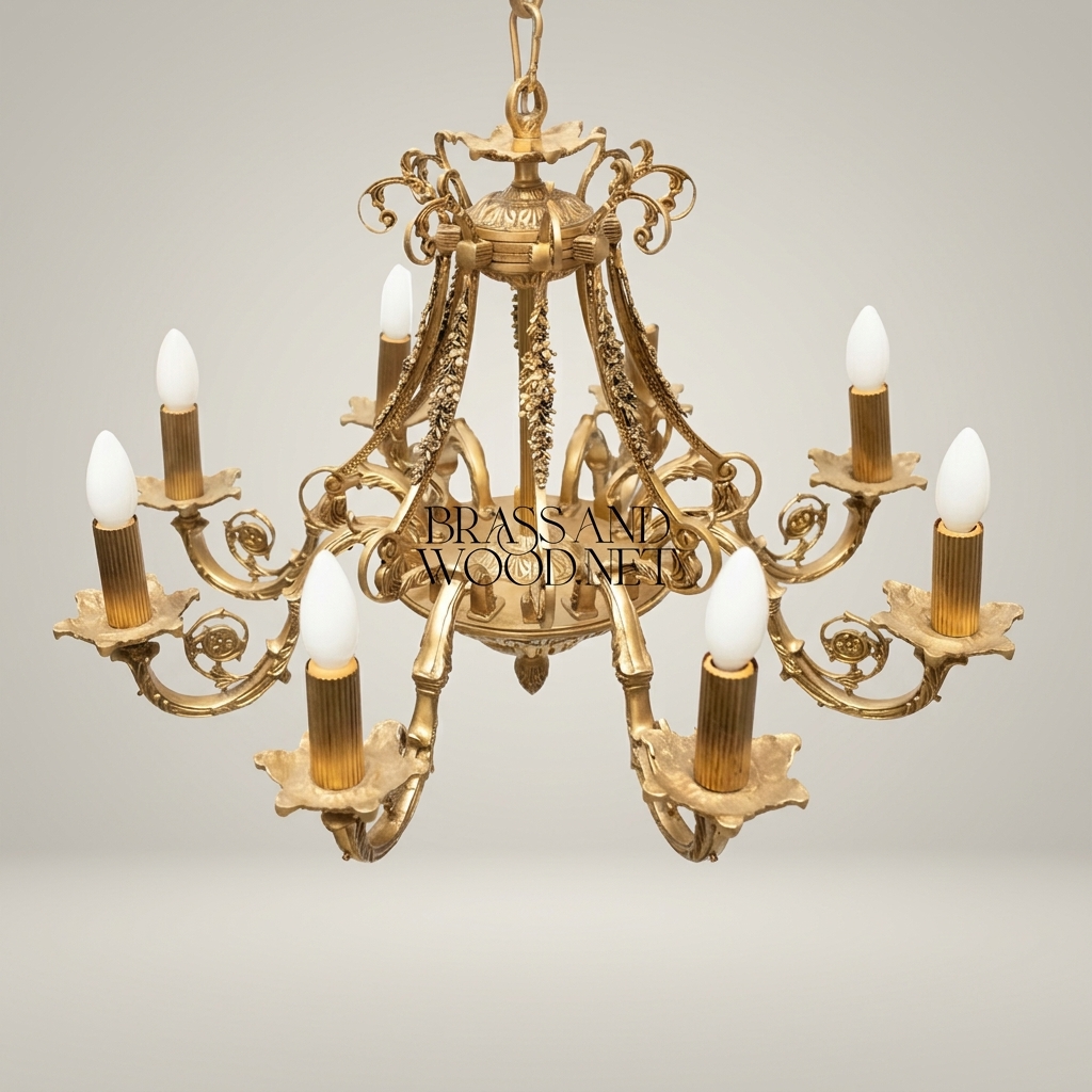 Empire Neoclassical Solid Brass 8-Arm Chandelier with Scroll Arms & Acanthus Crown — Antique Gold